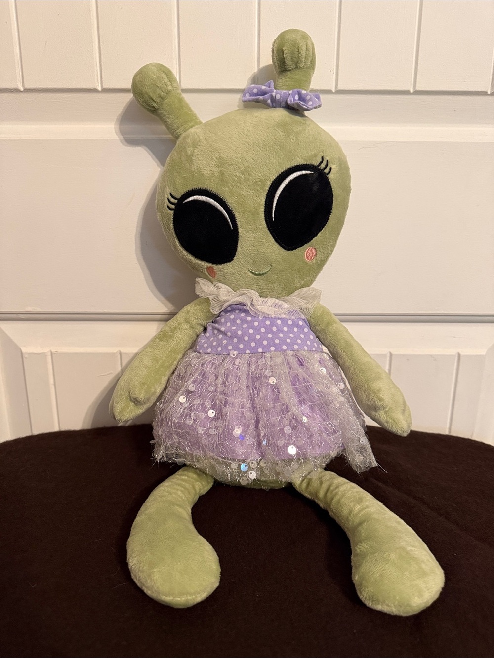 Green Alien Plush Doll with Purple Polka Dot Dress